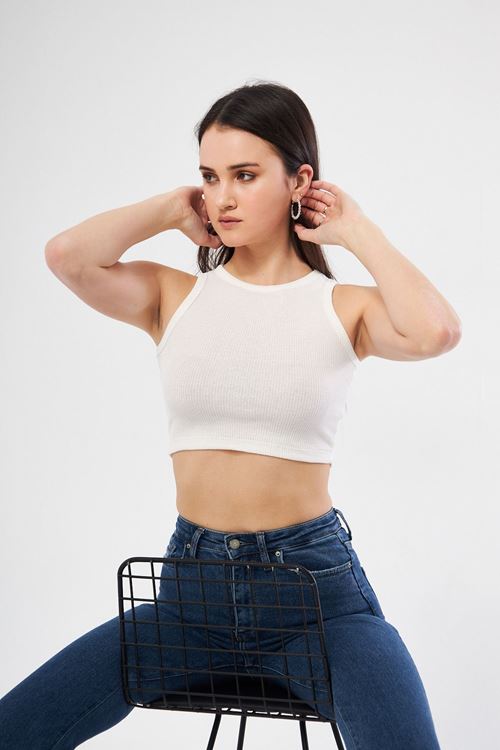 Kadın Beyaz Kaşkorse Bisiklet Yaka Atlet Crop