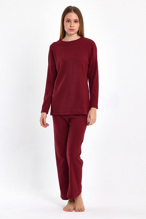 Kadın Bordo Rahat Oversize Kalıp İnterlok Kalın Kışlık Kumaş Gündelik Ev Giyim Pijama Takımı
