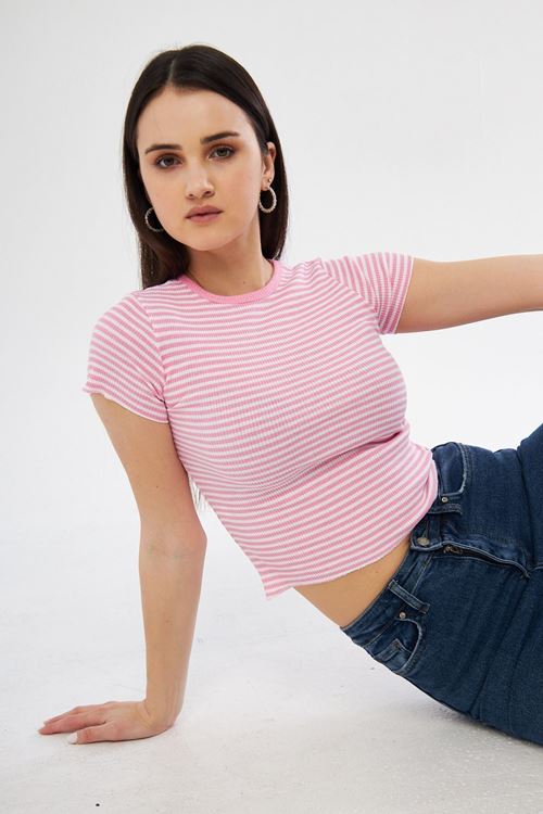 Kadın Pudra Kaşkorse Çizgili Bisiklet Yaka Crop Bluz