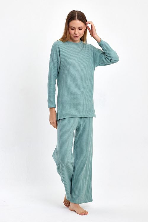 Kadın Su Yeşili Rahat Oversize Kalıp İnterlok Kalın Kışlık Kumaş Gündelik Ev Giyim Pijama Takımı