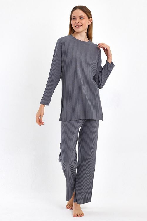 Kadın Füme Kadın Fitilli Raporlu & Eşofman, Gündelik Ev Giyim Pijama Takımı