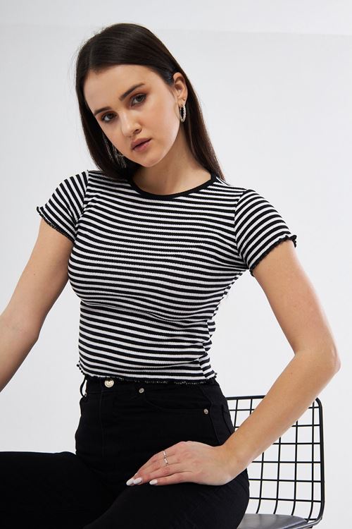 Kadın Siyah Kaşkorse Çizgili Bisiklet Yaka Crop Bluz