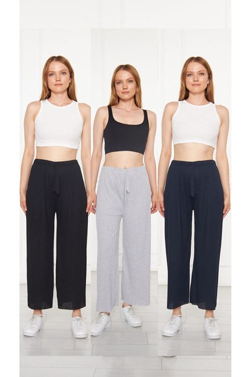 3'lü Siyah - Gri - Lacivert Kadın Fitilli RAPORLU Pantolon & Eşofman, Gündelik Ev Giyim