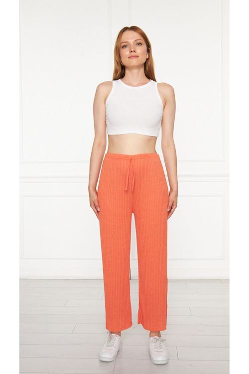 Kadın Turuncu Fitilli Raporlu Pantolon & Eşofman, Gündelik Ev Giyim Pijama