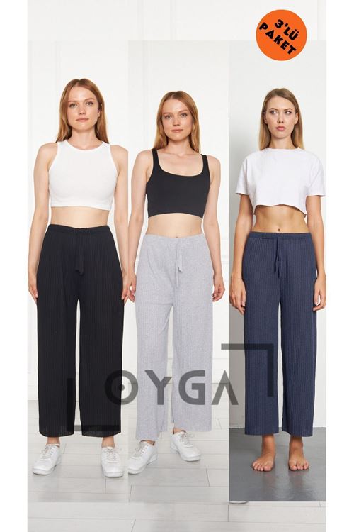 3'lü Siyah- Gri -K.İndigo Kadın Fitilli Raporlu Pantolon & Eşofman, Gündelik Ev Giyim Pijama