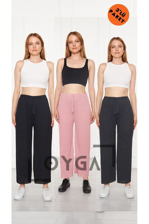3'lü Siyah- Pembe - Antrasit Kadın Fitilli Raporlu Pantolon & Eşofman, Gündelik