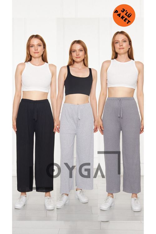 3'lü Siyah - Gri - Füme Kadın Fitilli Pantolon & Eşofman