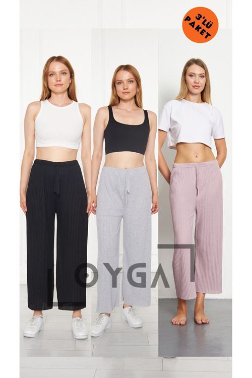 3'lü Siyah- Gri -Lila Kadın Fitilli Raporlu Pantolon & Eşofman, Gündelik Ev Giyim Pijama