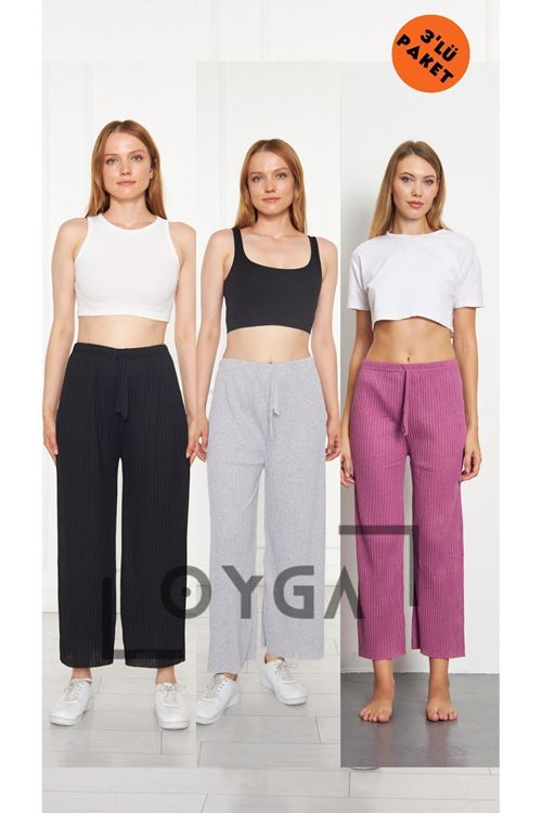 3'lü Siyah- Gri -Pembe Kadın Fitilli Raporlu Pantolon & Eşofman, Gündelik Ev Giyim Pijama