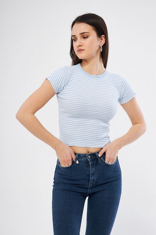 Kadın A.mavi Kaşkorse Çizgili Bisiklet Yaka Crop Bluz