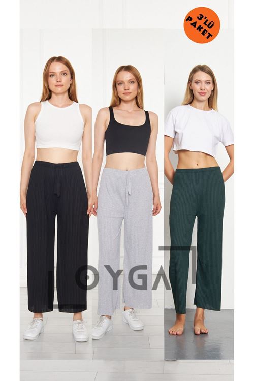 3'lü Siyah- Gri -K.Yeşil Kadın Fitilli Raporlu Pantolon & Eşofman, Gündelik Ev Giyim Pijama