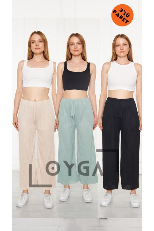 3'lü Krem - Su Yeşili - Siyah Kadın Fitilli RAPORLU Pantolon & Eşofman, Gündelik Ev Giyim