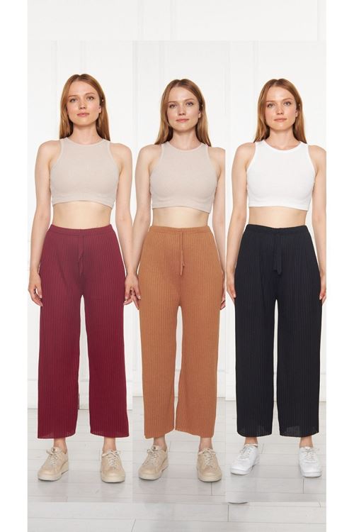 3'lü Bordo - Camel - Siyah Kadın Fitilli RAPORLU Pantolon & Eşofman, Gündelik Ev Giyim