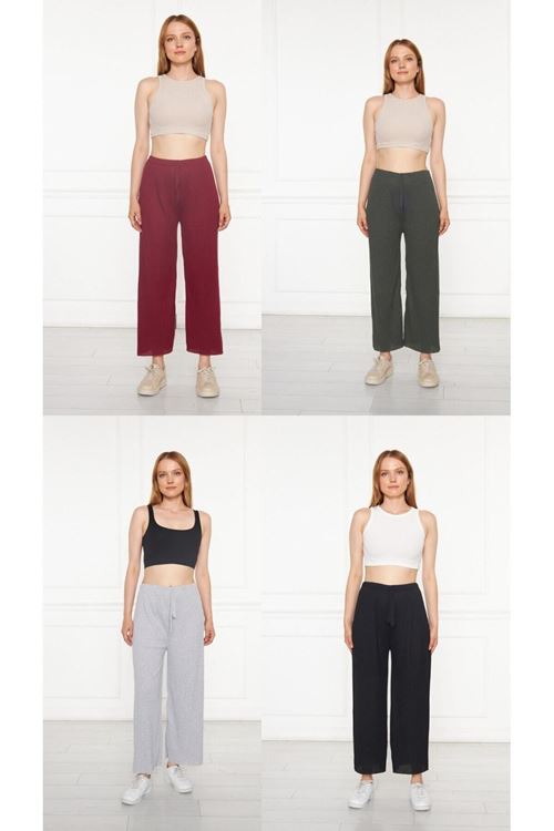 4’lü Bordo-Haki-Gri-Siyah Kadın Fitilli RAPORLU Pantolon & Eşofman, Gündelik Ev Giyim Pijama