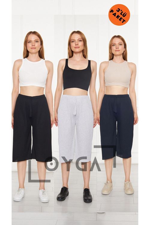 3'lü Siyah - Gri - Lacivert Kadın Fitilli RAPORLU Pantolon & Eşofman, Gündelik Ev Giyim Pijama