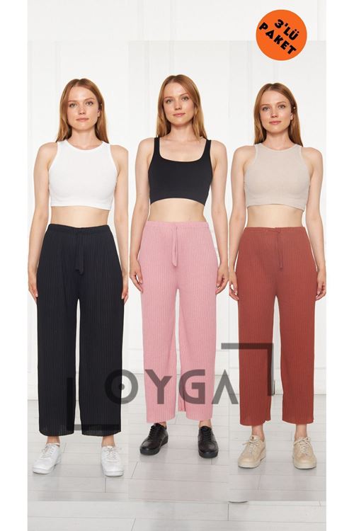 3'lü Siyah - Pudra - Kiremit Kadın Fitilli Raporlu Pantolon & Eşofman, Gündelik Ev Giyim Pijama