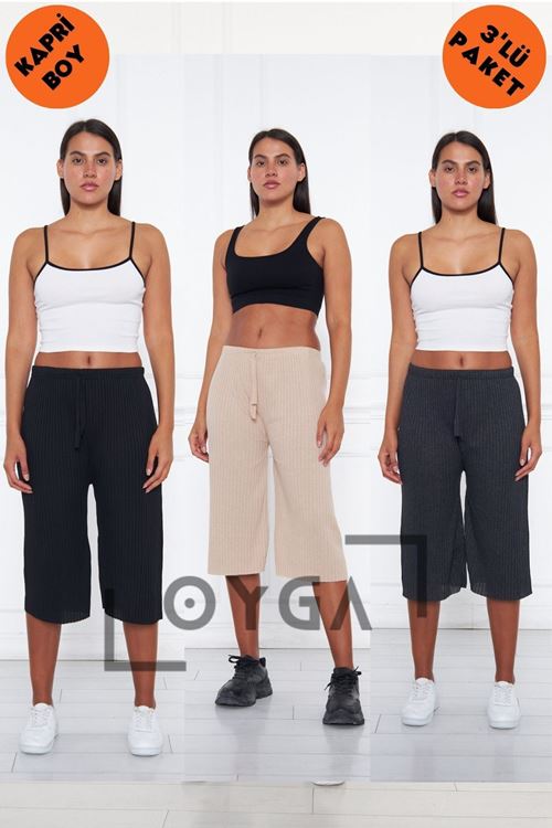 3'lü Siyah - Krem - Füme Kadın Fitilli Raporlu Pantolon & Eşofman, Gündelik Ev Giyim Pijama