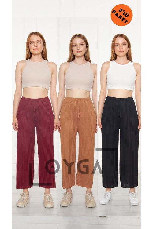 3'lü Siyah- Bordo -camel Kadın Fitilli Raporlu Pantolon & Eşofman, Gündelik Ev Giyim Pijama