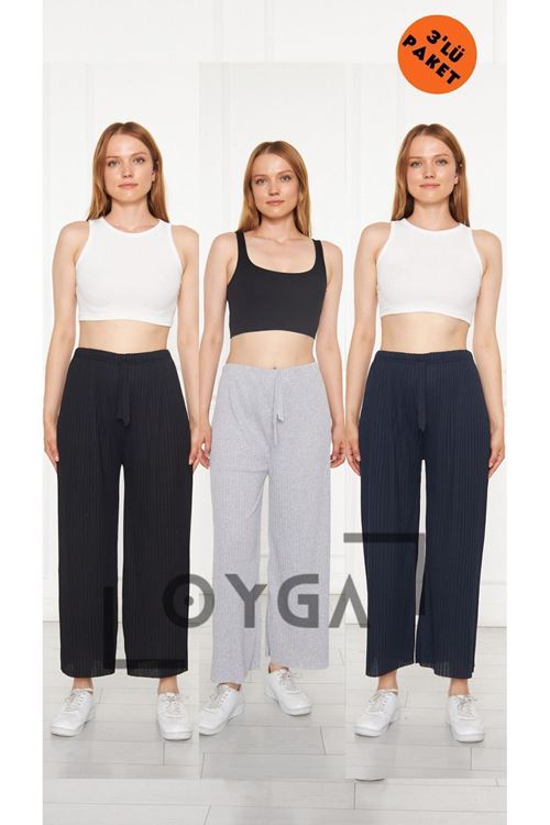 3'lü Siyah - Gri - Lacivert Kadın Fitilli Raporlu Pantolon & Eşofman, Gündelik Ev Giyim Pijama