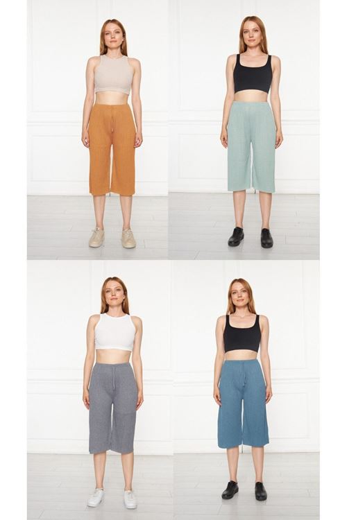 4’lü Camel-Su Yeşili-Füme-Petrol Kadın Fitilli RAPORLU Pantolon & Eşofman, Gündelik Ev Giyim Pijama