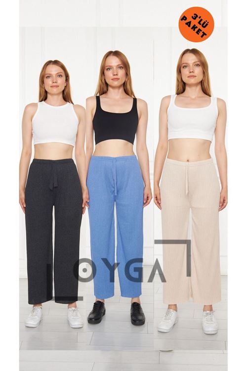 3'lü Antrasit- Indigo -taş Kadın Fitilli Raporlu Pantolon & Eşofman, Gündelik Ev Giyim Pijama