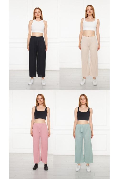 4’lü Siyah-Krem-Pudra-Su Yeşili Kadın Fitilli RAPORLU Pantolon & Eşofman, Gündelik Ev Giyim Pijama