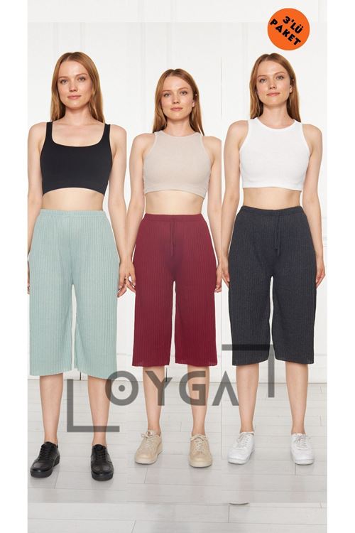 3'lü Su Yeşili - Bordo -Antrasit Kadın Fitilli RAPORLU Pantolon & Eşofman, Gündelik Ev Giyim Pijama