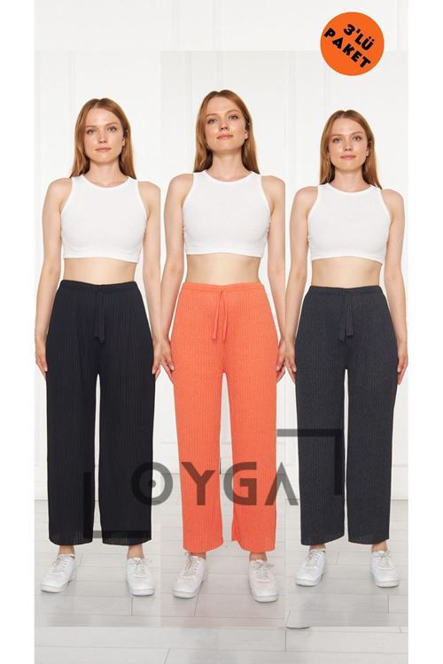 3'lü Siyah- Turuncu -antrasit Kadın Fitilli Raporlu Pantolon & Eşofman, Gündelik Ev Giyim Pijama