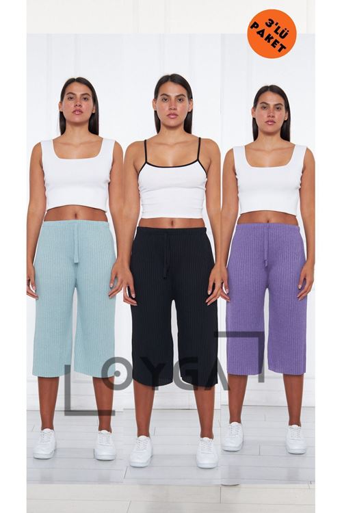 3'lü Bebe Mavi - Siyah - Mor Kadın Fitilli Raporlu Pantolon & Eşofman, Gündelik Ev Giyim Pijama