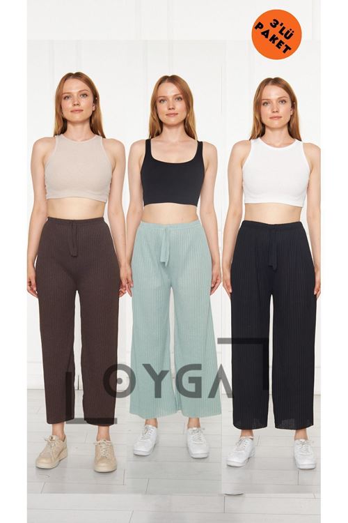 3'lü Kahve- Su Yeşili - Siyah Kadın Fitilli Raporlu Pantolon & Eşofman, Gündelik Ev Giyim Pijama