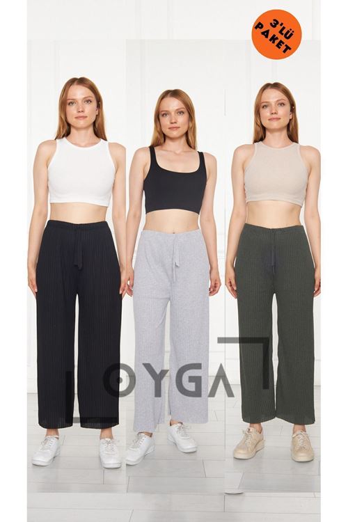 3'lü Siyah - Gri - Haki Kadın Fitilli Raporlu Pantolon & Eşofman, Gündelik Ev Giyim Pijama