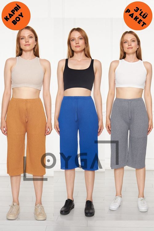 3'lü Camel - Sax - Füme Kadın Fitilli Rap & Eşofman, Gündelik Ev Giyim Pijamaorlu Pantolon