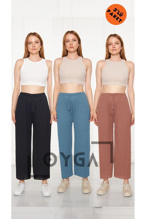 3'lü Siyah - Petrol - Toprak Kadın Fitilli Raporlu Pantolon & Eşofman, Gündelik Ev Giyim Pijama