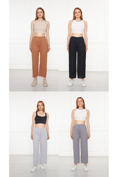 4’lü Camel-Siyah-Gri-Füme Kadın Fitilli RAPORLU Pantolon & Eşofman, Gündelik Ev Giyim Pijama