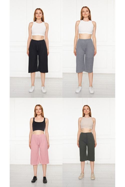 4’lü Camel-Su Yeşili-Füme-Petrol Kadın Fitilli RAPORLU Pantolon & Eşofman, Gündelik Ev Giyim Pijama