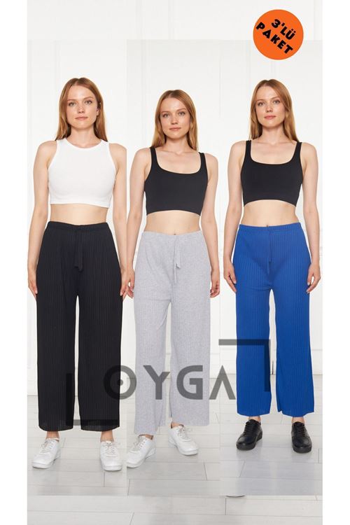 3'lü Siyah - Gri - Sax Kadın Fitilli Raporlu Pantolon & Eşofman, Gündelik Ev Giyim Pijama