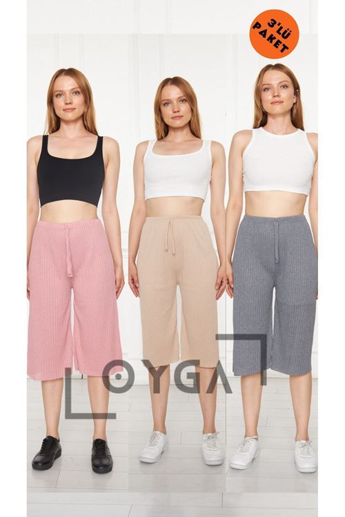 3'lü Pudra - Krem - Füme Kadın Fitilli RAPORLU Pantolon & Eşofman, Gündelik Ev Giyim Pijama