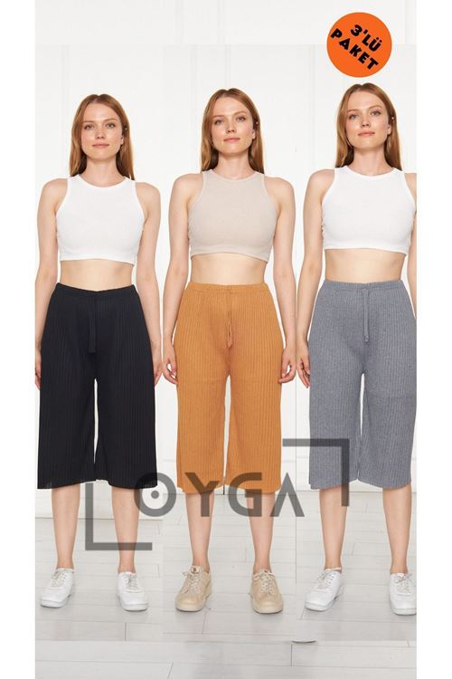 3'lü Siyah - Camel - Füme Kadın Fitilli RAPORLU Pantolon & Eşofman, Gündelik Ev Giyim Pijama