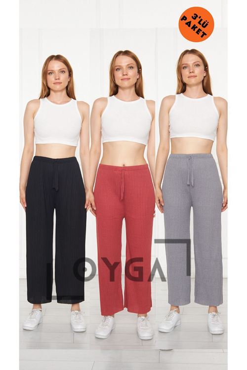 3'lü Siyah- Gül Kurusu - Füme Kadın Fitilli Raporlu Pantolon & Eşofman, Gündelik Ev Giyim Pijama