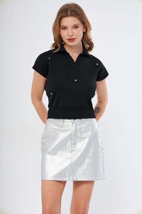 Kadın Siyah Polo Yaka Taş Detaylı Mevsimlik Triko Bluz - kopya