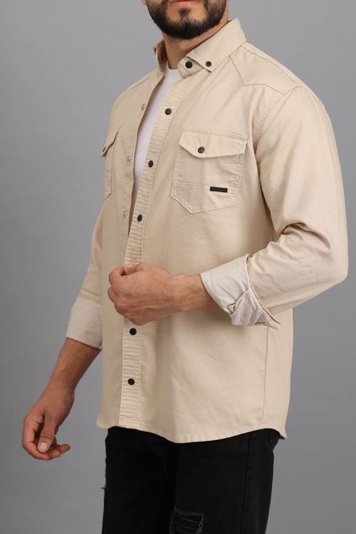 Erkek Bej Slim Fit Dar Kalıp Çift Cepli Pamuklu Kot Gömlek