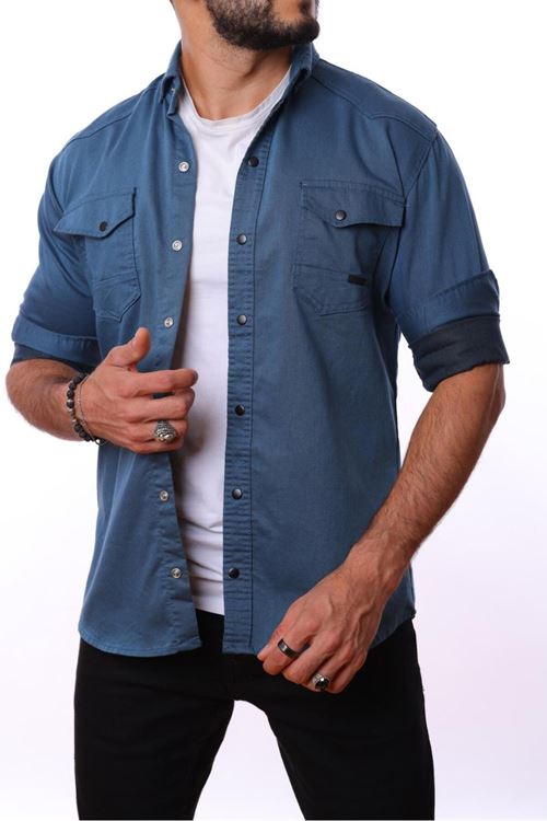 Erkek Lacivert Slim Fit Dar Kalıp Çift Cepli Pamuklu Kot Gömlek