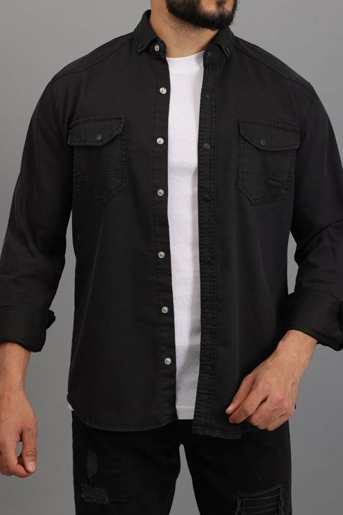 Erkek Füme Slim Fit Dar Kalıp Çift Cepli Pamuklu Kot Gömlek