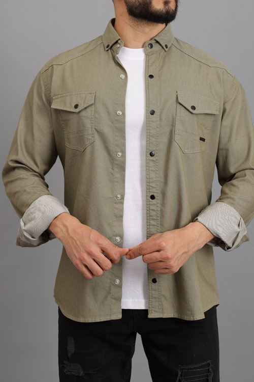 Erkek Açık Haki Slim Fit Dar Kalıp Çift Cepli Pamuklu Kot Gömlek