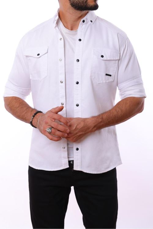 Erkek Beyaz Slim Fit Dar Kalıp Çift Cepli Pamuklu Kot Gömlek