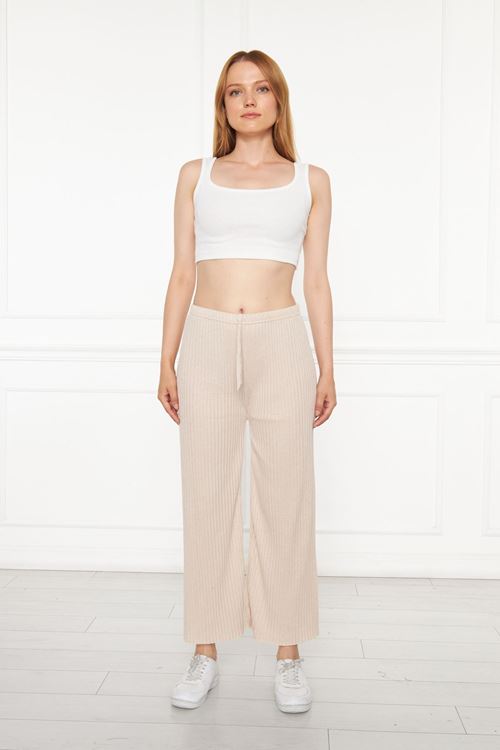 Kadın Krem Fitilli Raporlu Pantolon & Eşofman, Gündelik Ev Giyim Pijama