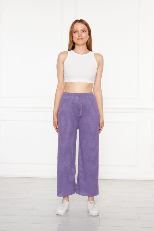 Kadın Mor Fitilli Raporlu Pantolon & Eşofman, Gündelik Ev Giyim Pijama