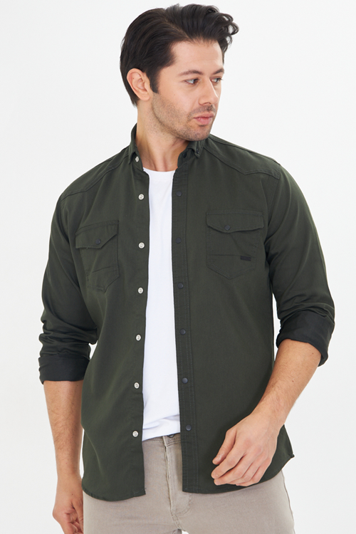 Erkek Haki Slim Fit Dar Kalıp Çift Cepli Pamuklu Kot Gömlek
