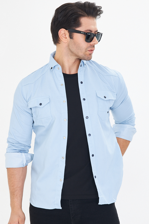 Erkek Buz Mavi Slim Fit Dar Kalıp Çift Cepli Pamuklu Kot Gömlek
