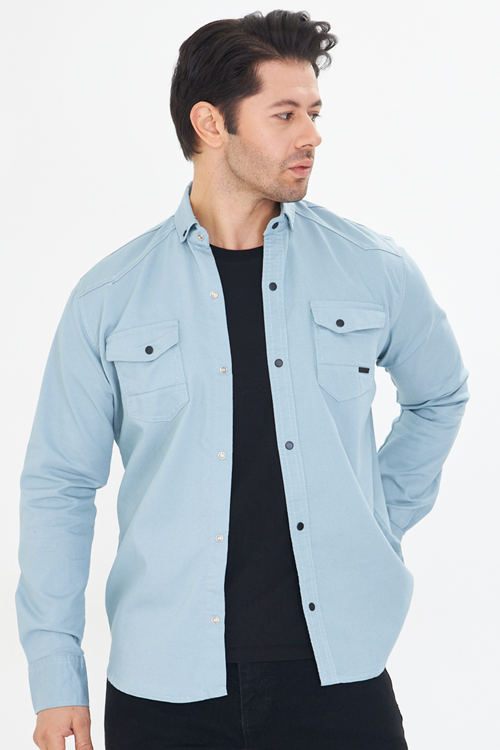 Erkek Mint Slim Fit Dar Kalıp Çift Cepli Pamuklu Kot Gömlek